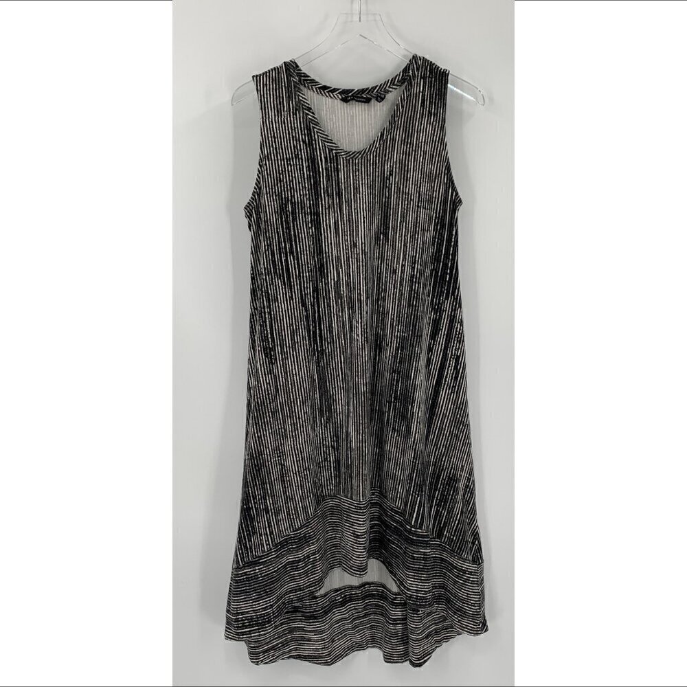 Halston sleeveless trapeze knit dress a-line hi-low hem stretch stripe PETITE L